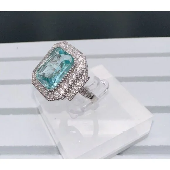Aquamarine Cubic Zirconia & White Crystal Statement Ring - Picture 6 of 16
